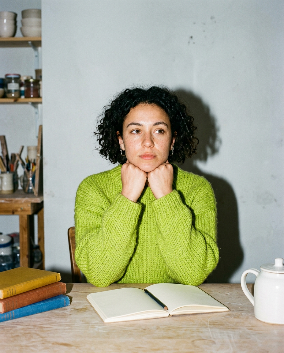 A founder with her chin on her fists at a worktable in a small ceramics studio, a notebook open in front of her